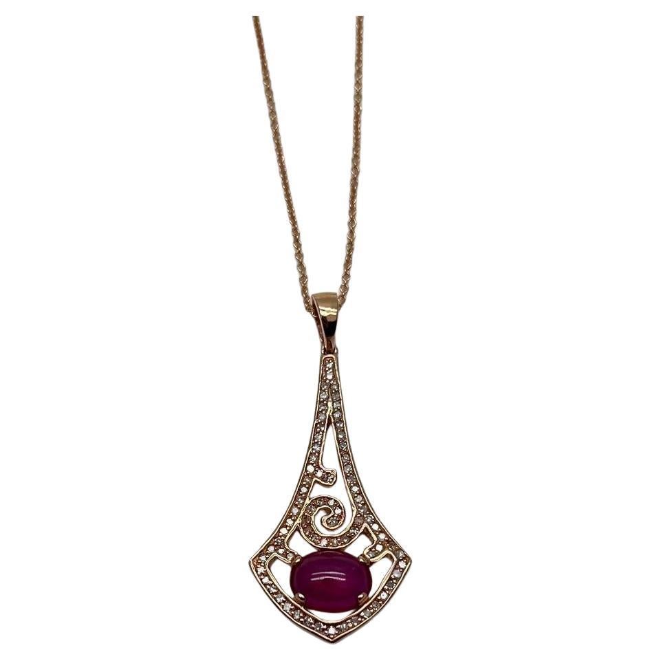 Oval Shape Red Pink Ruby Cabochon 14K White Gold Statement Pendant Necklace