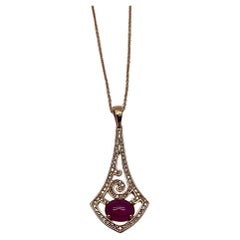 Oval Shape Red Pink Ruby Cabochon 14K White Gold Statement Pendant Necklace