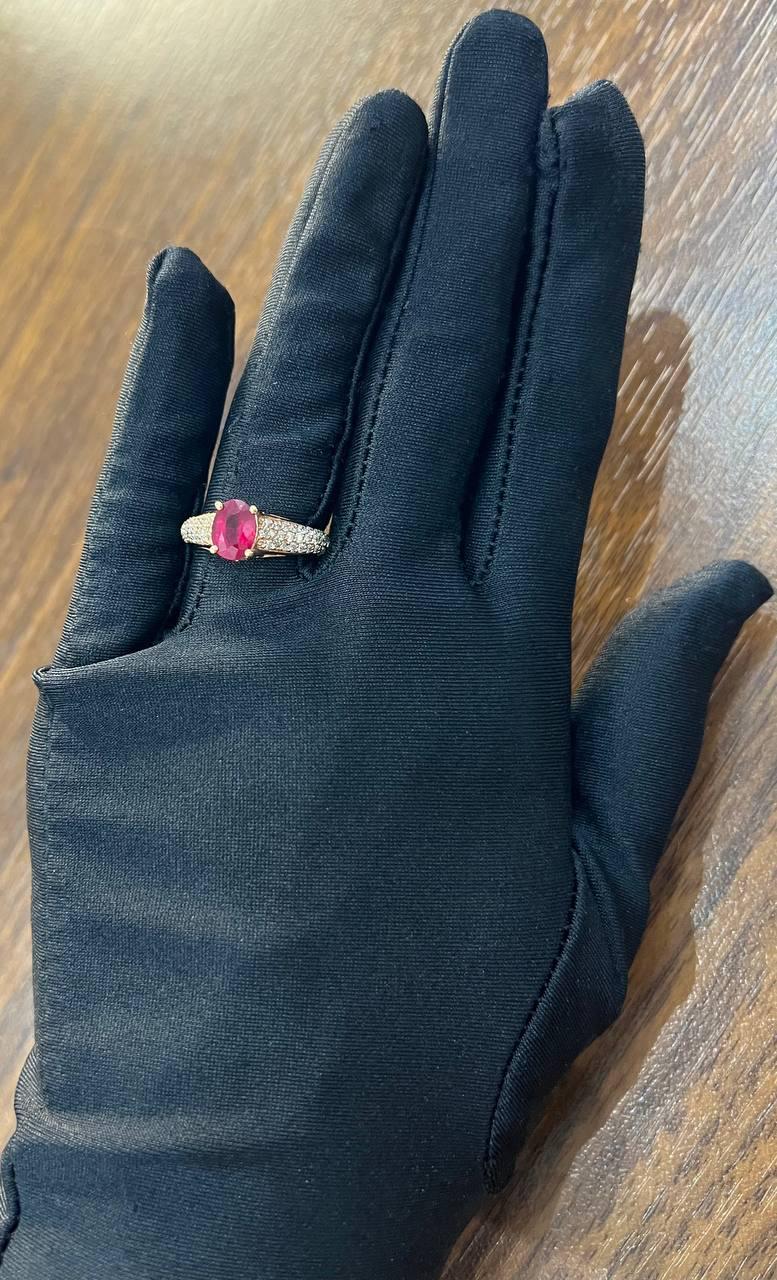 Oval Shape Red Pink Ruby Diamond Pave 14K Rose Gold Statement Cocktail Ring For Sale 3