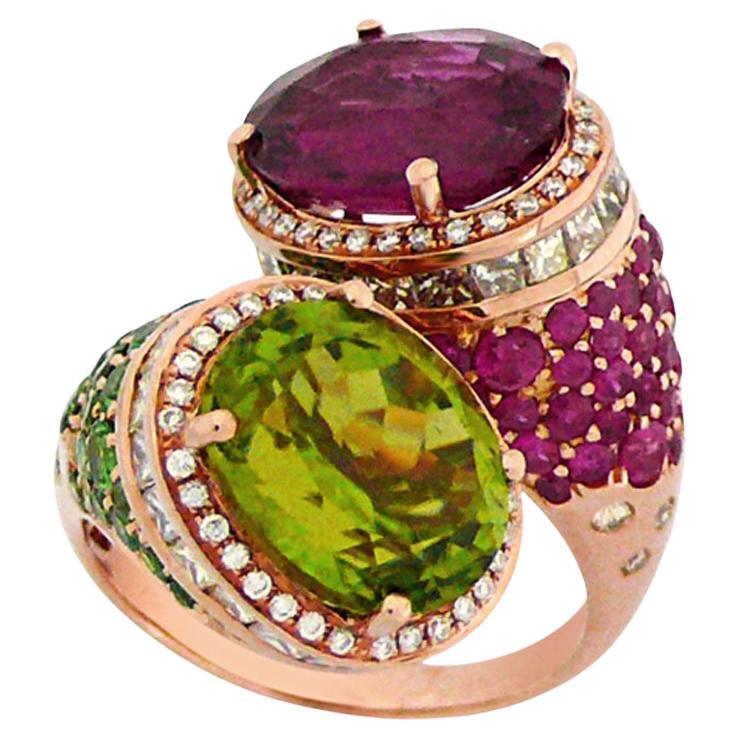 Bague ovale en or rose 18 carats avec tourmaline rouge, rubis, grenat vert et diamant