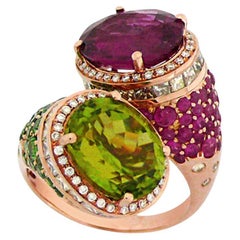 Bague ovale en or rose 18 carats avec tourmaline rouge, rubis, grenat vert et diamant