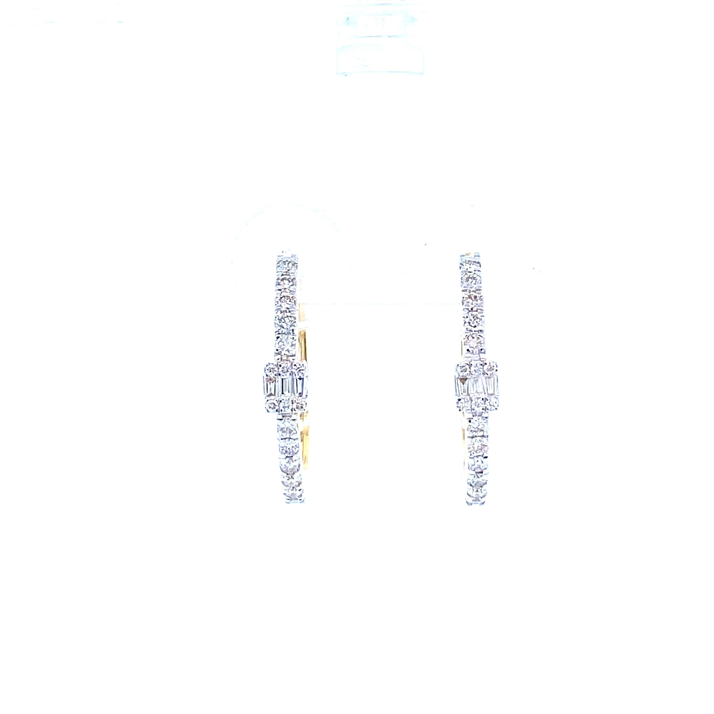 Art Deco Oval Shape Round & Baguette Diamonds Hoop Earrings in 18K Solid Gold For Sale