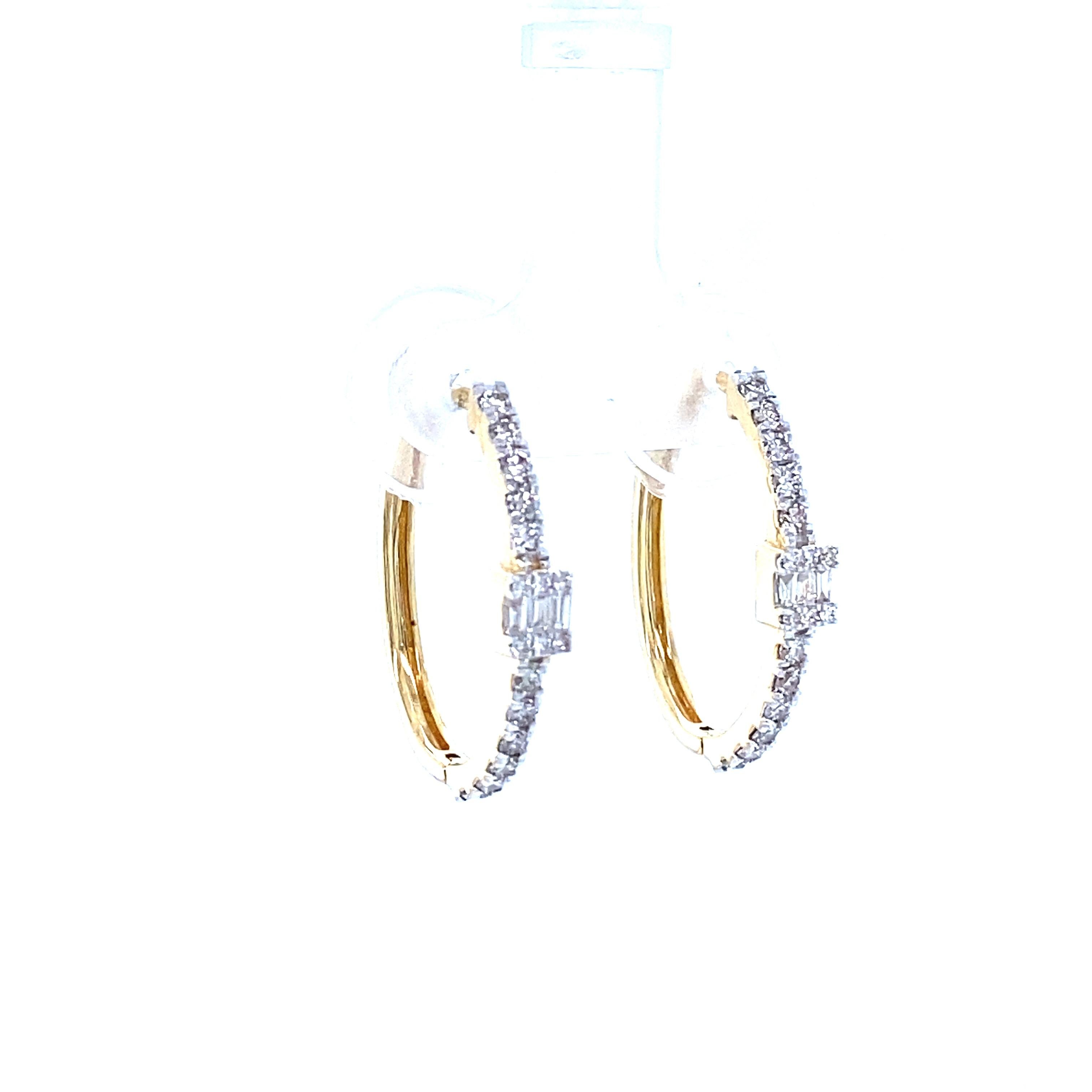Brilliant Cut Oval Shape Round & Baguette Diamonds Hoop Earrings in 18K Solid Gold For Sale