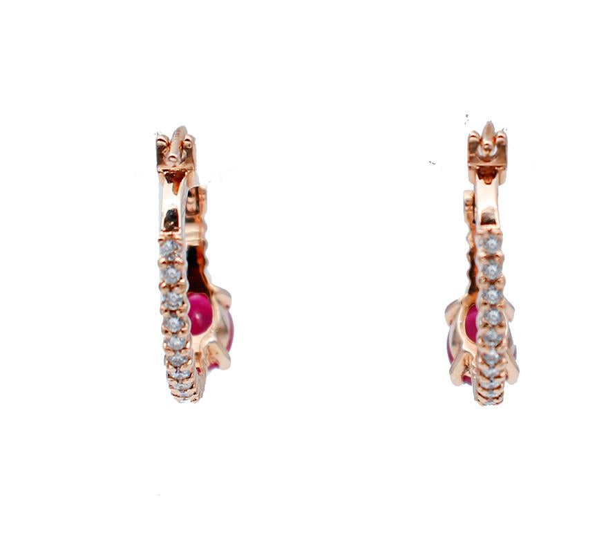 Modern Oval Shape Rubies, White Diamonds, 18 Karat Rose Gold Hoop Earrings For Sale