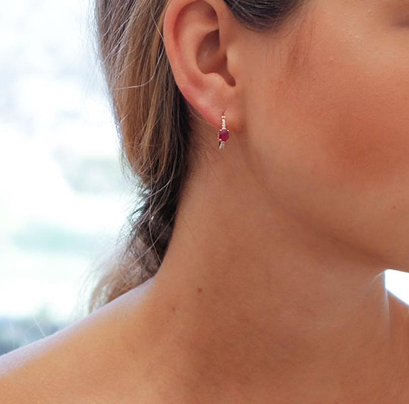Oval Shape Rubies, White Diamonds, 18 Karat Rose Gold Hoop Earrings In New Condition For Sale In Marcianise, Marcianise (CE)
