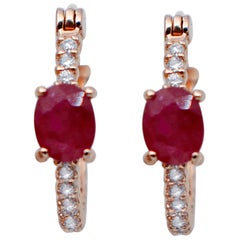 Oval Shape Rubies, White Diamonds, 18 Karat Rose Gold Hoop Earrings
