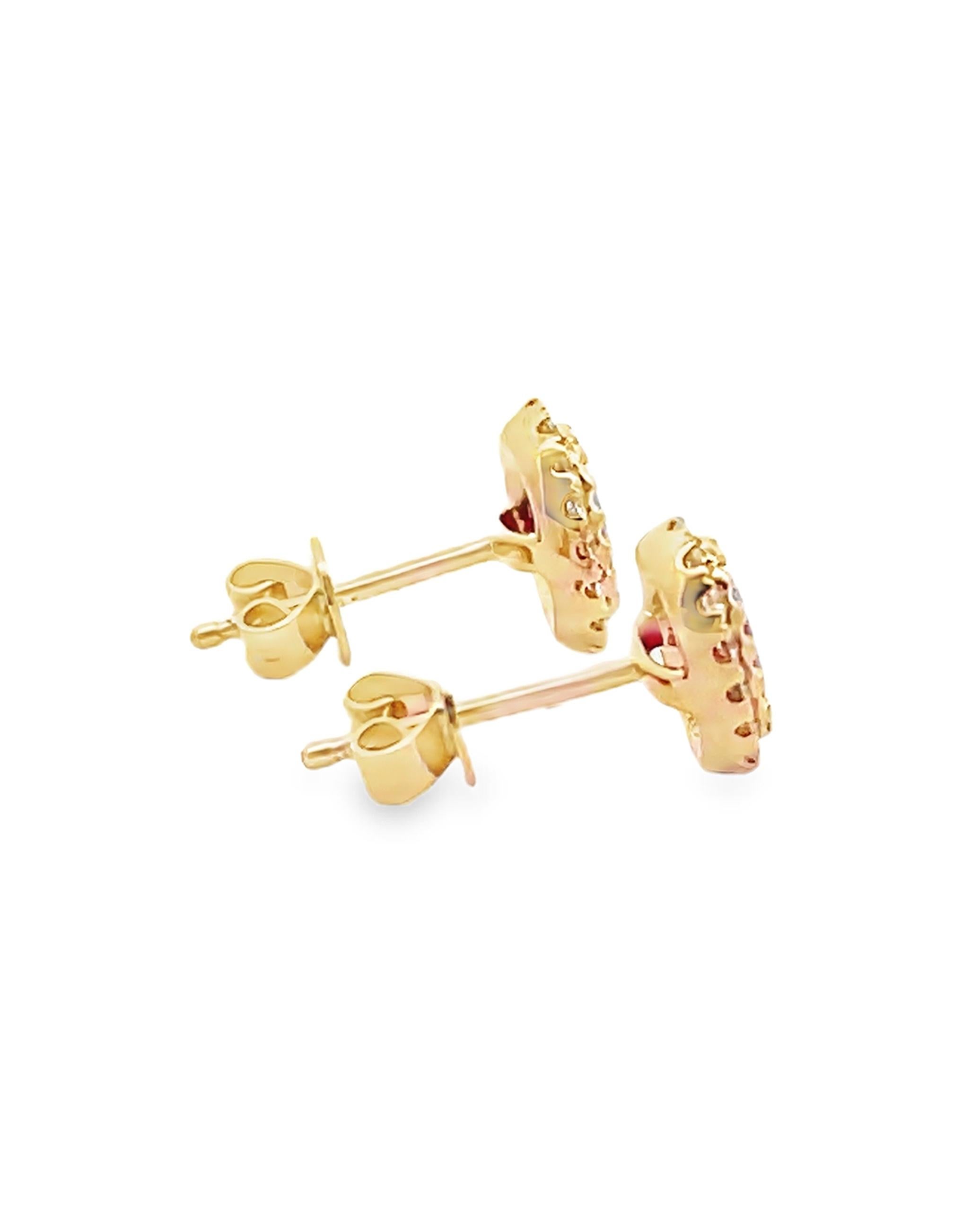Taglio misto Oval Shape Ruby and Diamond Stud Earrings - 14K Yellow Gold in vendita