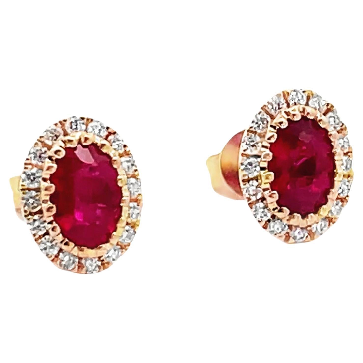 Oval Shape Ruby and Diamond Stud Earrings - 14K Yellow Gold