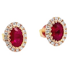 Oval Shape Ruby and Diamond Stud Earrings - 14K Yellow Gold