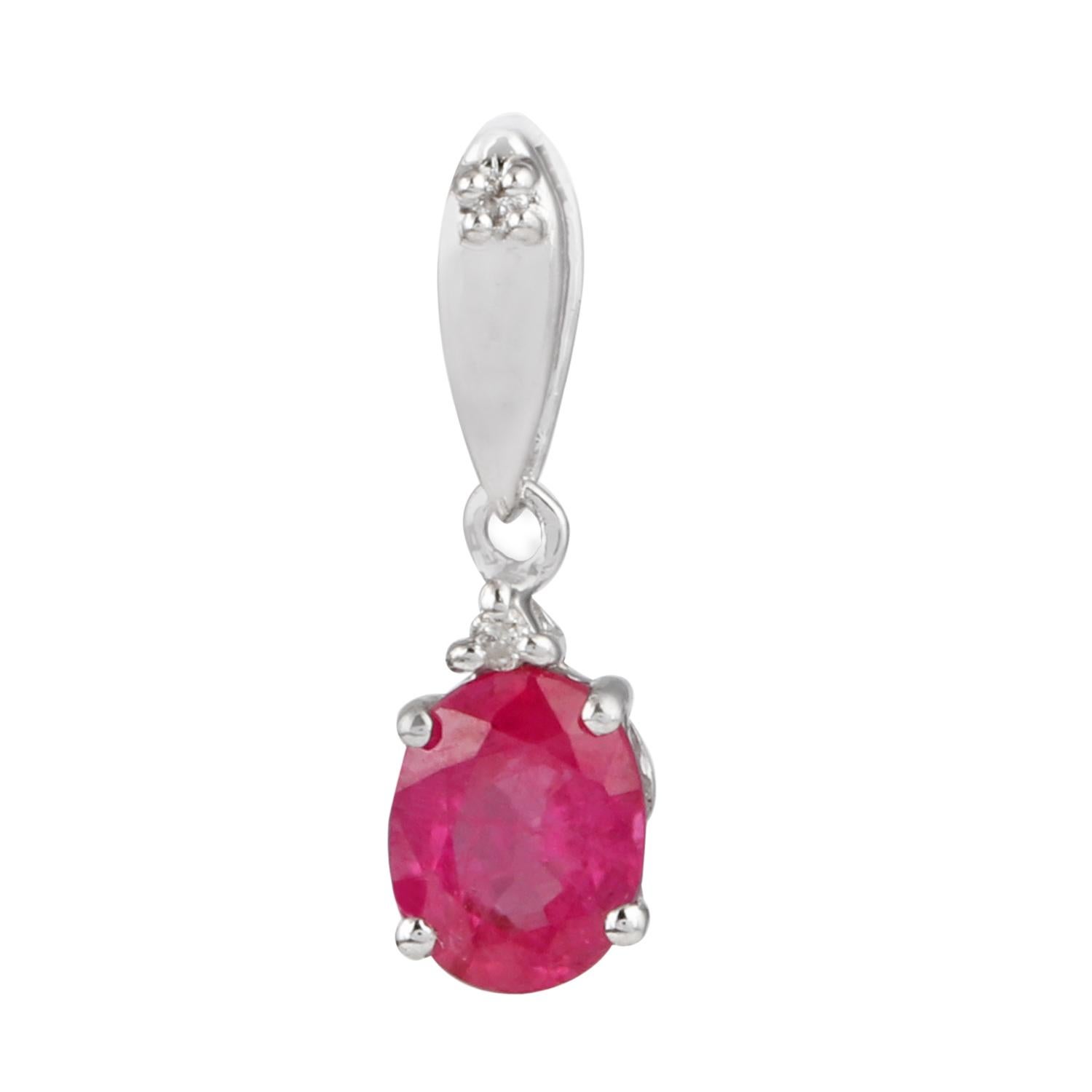 Modern Oval Shape Ruby Gemstone Charm Pendant Diamond 14 Karat White Gold Fine Jewelry