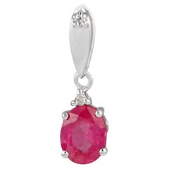 Oval Shape Ruby Gemstone Charm Pendant Diamond 14 Karat White Gold Fine Jewelry