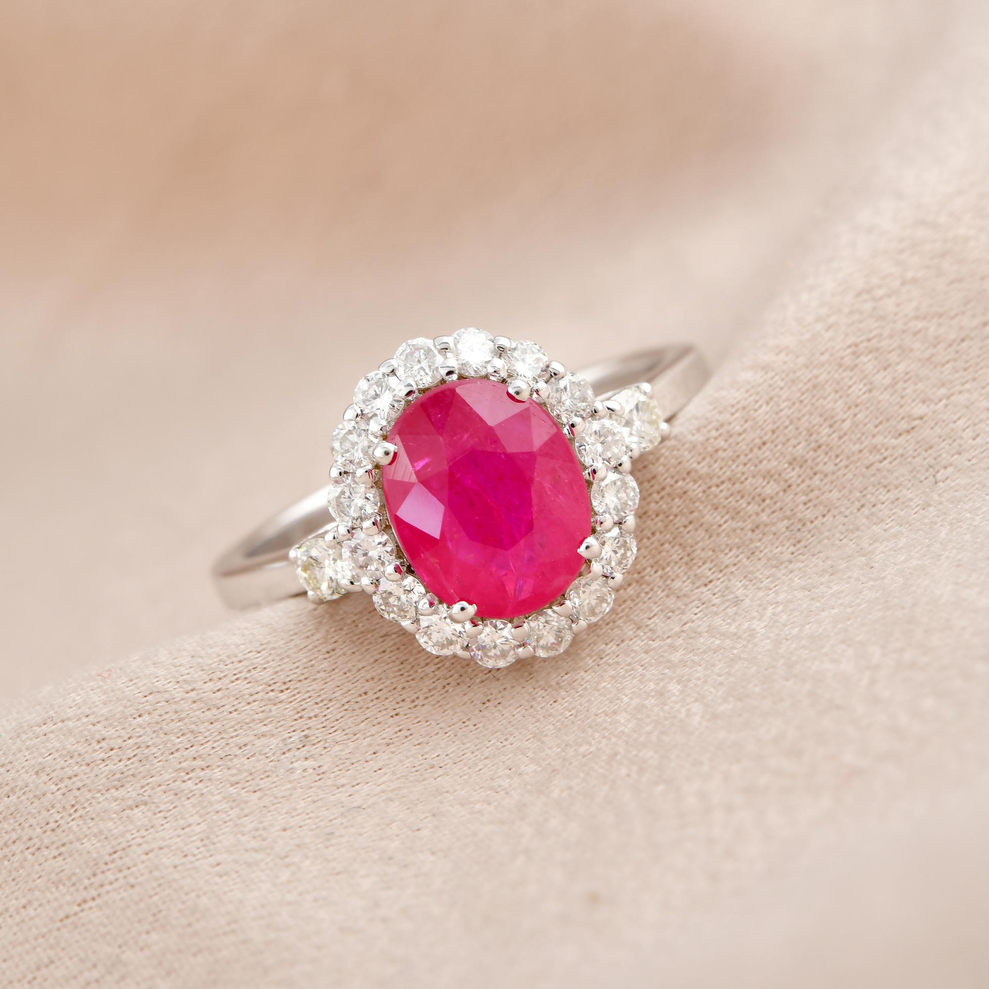 Modern Oval Shape Ruby Gemstone Cocktail Ring Diamond 14 Karat White Gold Fine Jewelry For Sale