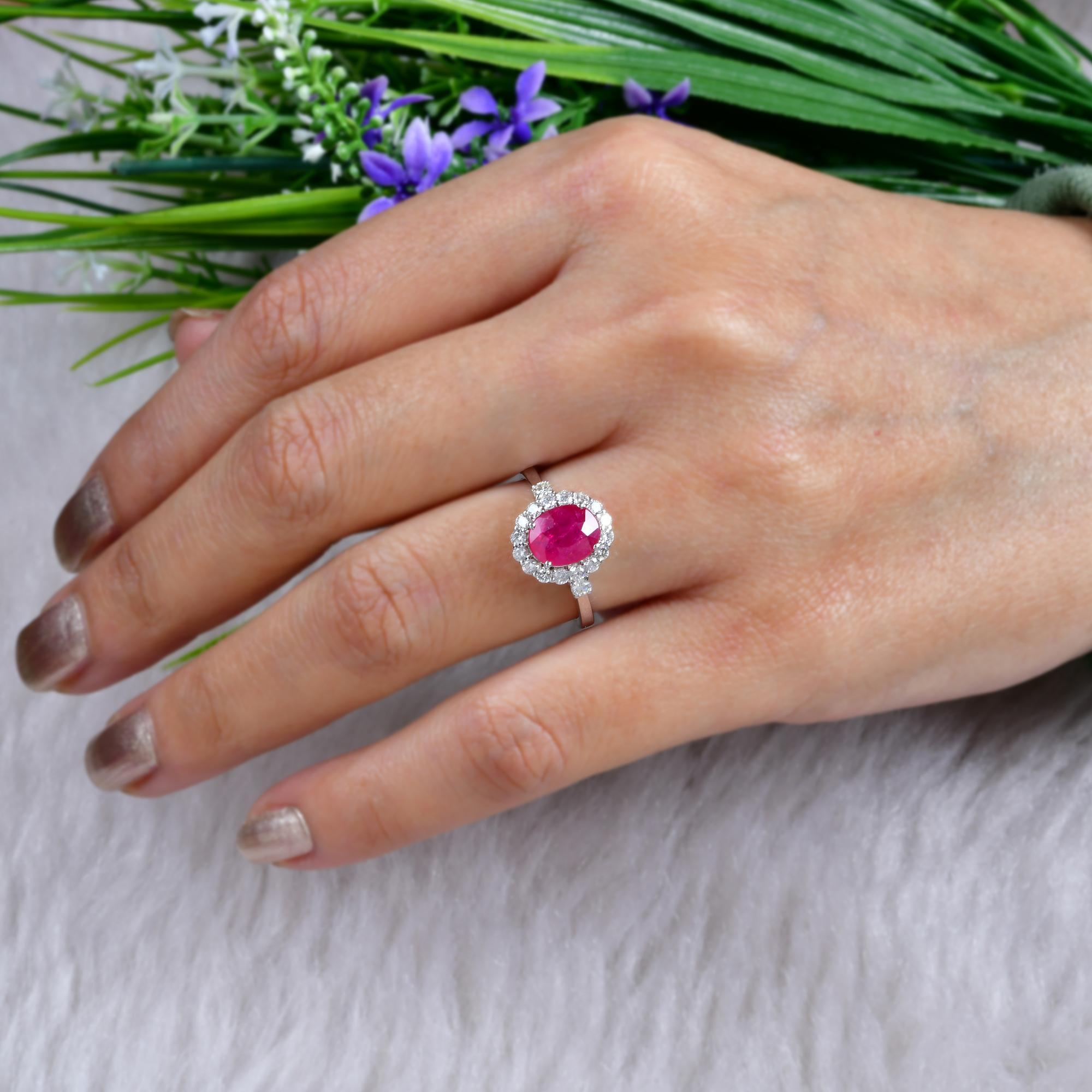 Women's Oval Shape Ruby Gemstone Cocktail Ring Diamond 14 Karat White Gold Fine Jewelry For Sale