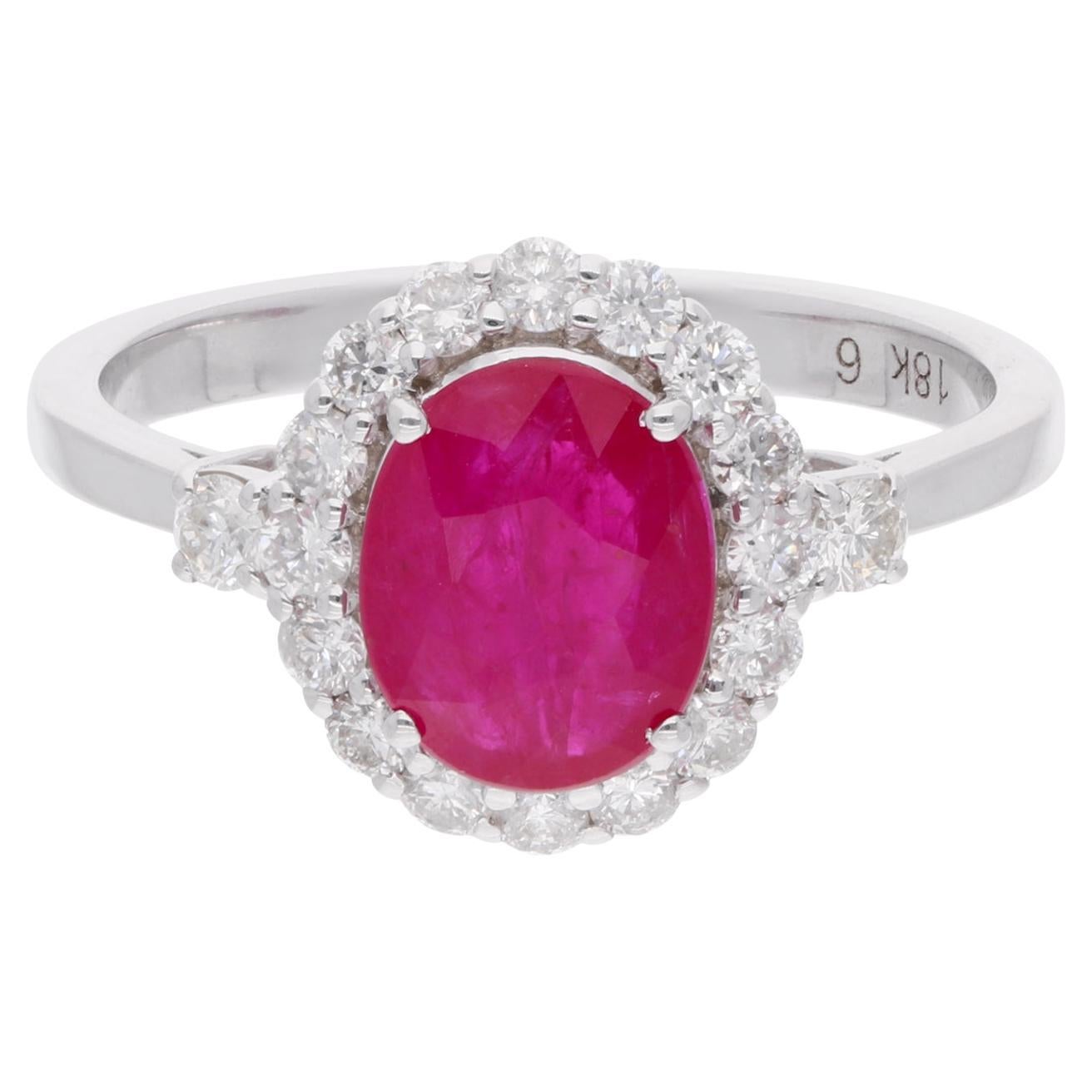 Oval Shape Ruby Gemstone Cocktail Ring Diamond 14 Karat White Gold Fine Jewelry For Sale