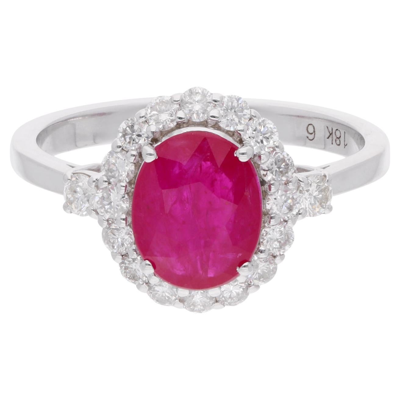 Oval Shape Ruby Gemstone Cocktail Ring Diamond 18 Karat White Gold Fine Jewelry For Sale