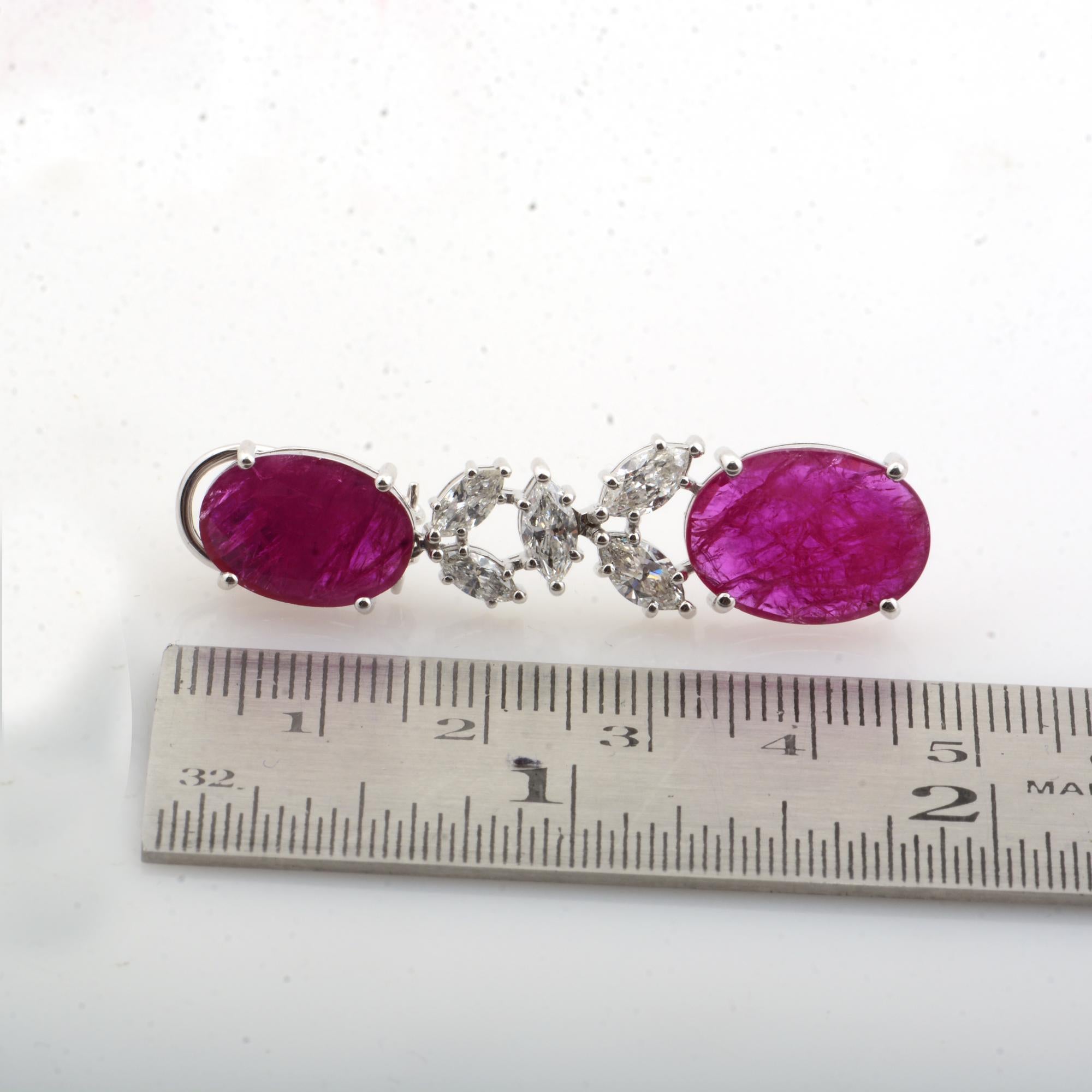 Modern Oval Shape Ruby Gemstone Marquise Diamond Dangle Earrings 18 Karat White Gold For Sale