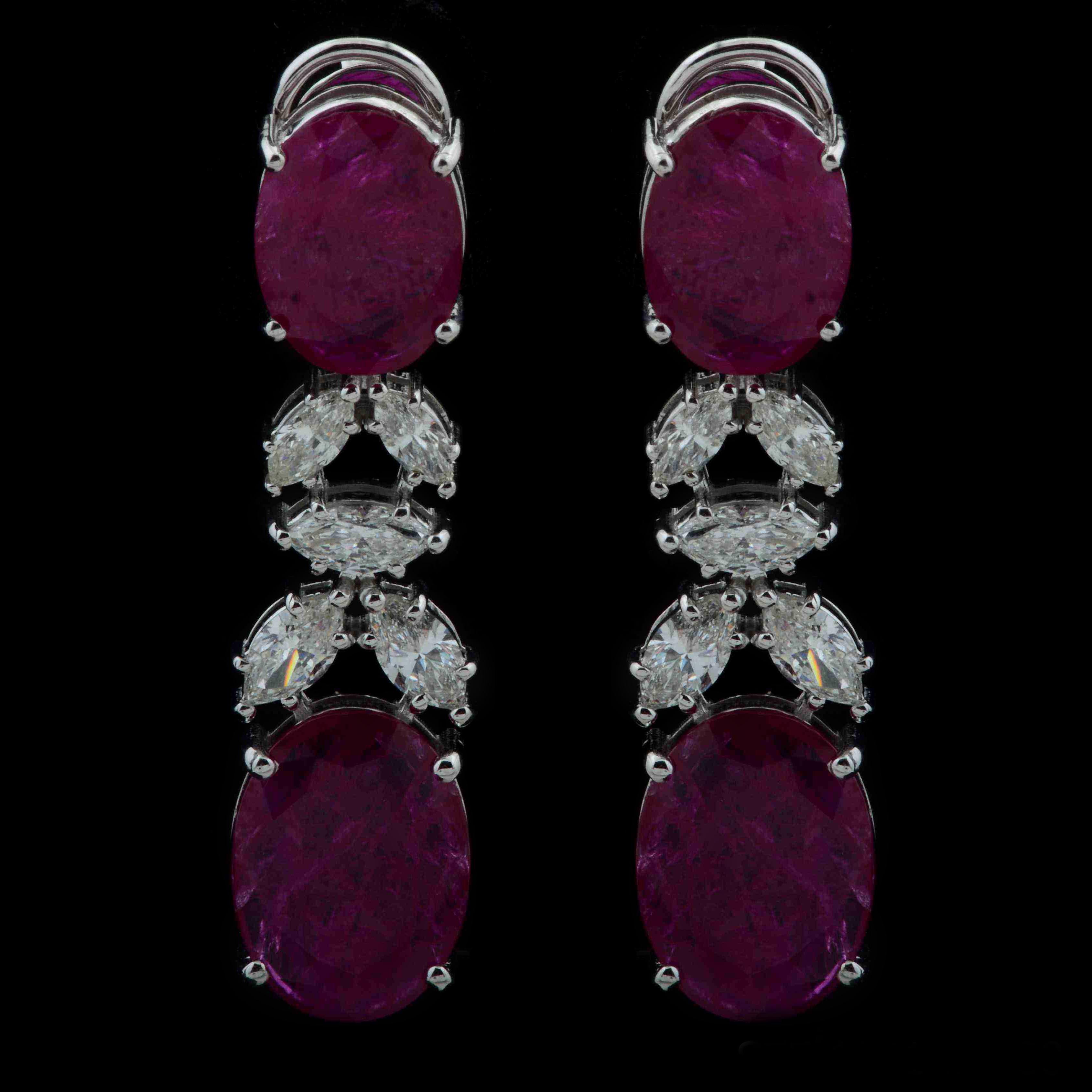 Oval Cut Oval Shape Ruby Gemstone Marquise Diamond Dangle Earrings 18 Karat White Gold For Sale
