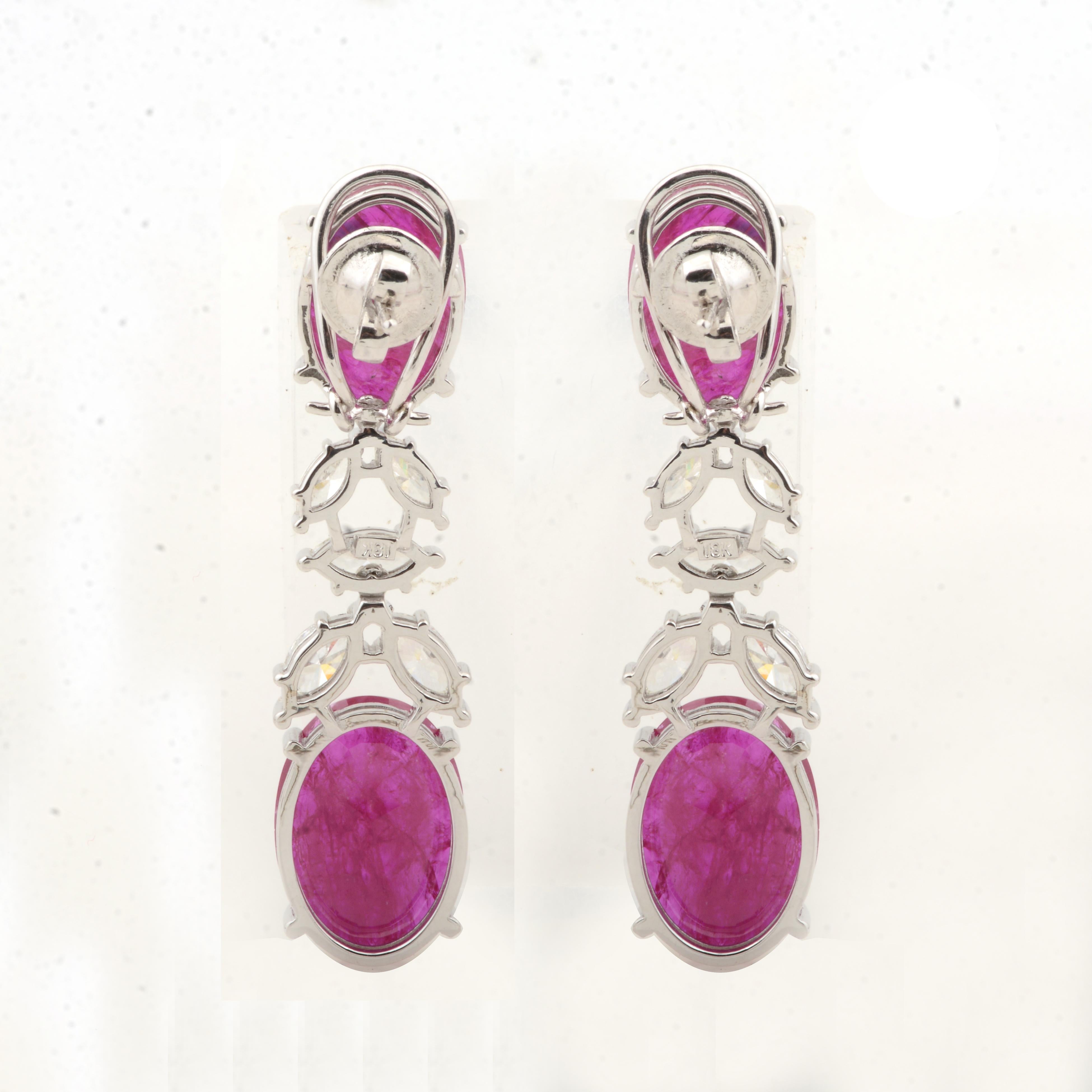 Women's Oval Shape Ruby Gemstone Marquise Diamond Dangle Earrings 18 Karat White Gold For Sale
