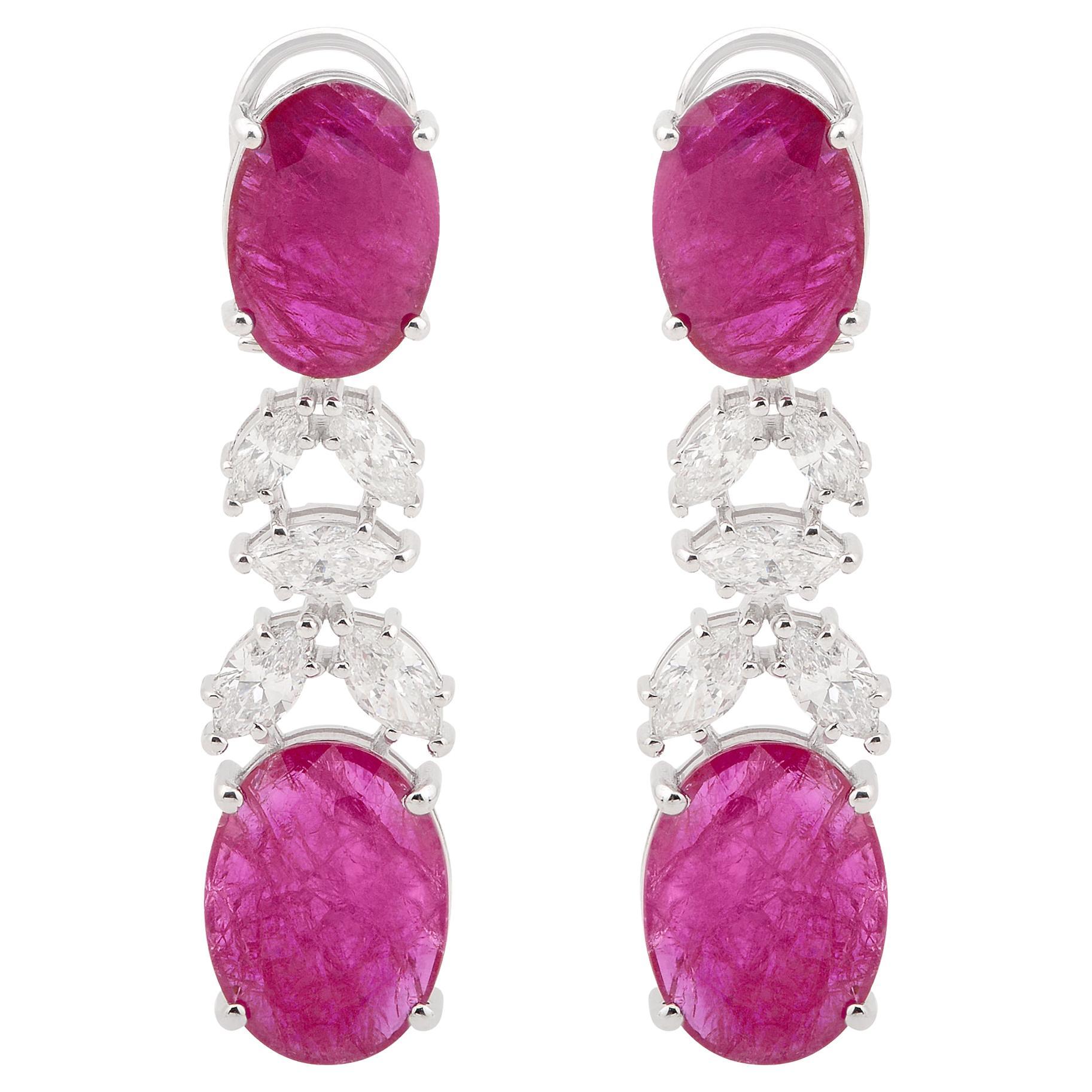 Oval Shape Ruby Gemstone Marquise Diamond Dangle Earrings 18 Karat White Gold For Sale