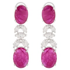 Oval Shape Ruby Gemstone Marquise Diamond Dangle Earrings 18 Karat White Gold