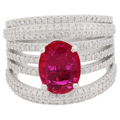 Oval Shape Ruby Gemstone Multi Layer Ring Diamond 18 Karat White Gold Jewelry