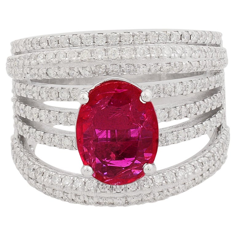 Customizable Oval Shape Ruby Gemstone Multi Layer Ring Diamond 18 Karat ...