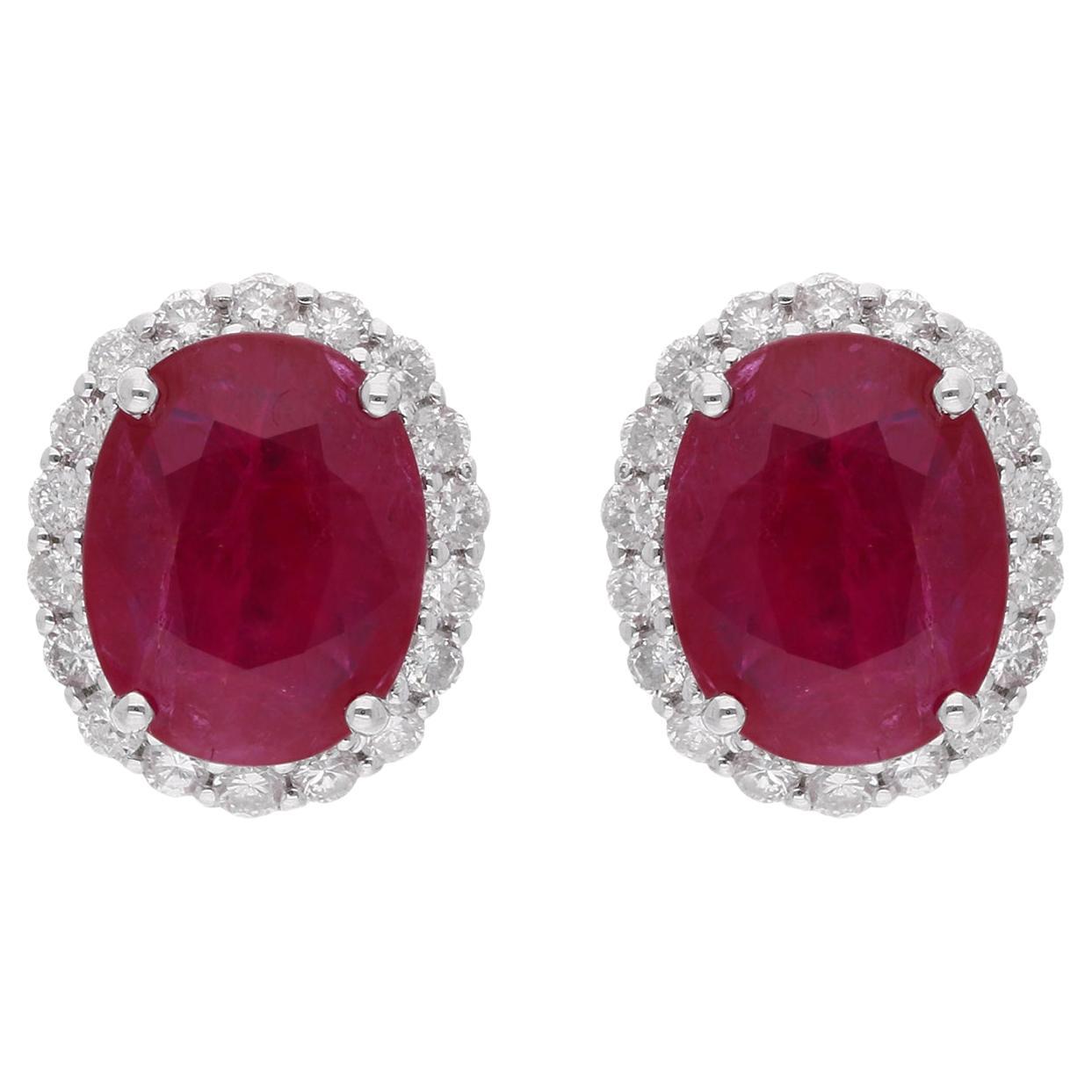 Oval Shape Ruby Gemstone Stud Earrings Diamond 14 Karat White Gold Fine Jewelry