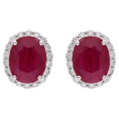 Oval Shape Ruby Gemstone Stud Earrings Diamond 14 Karat White Gold Fine Jewelry