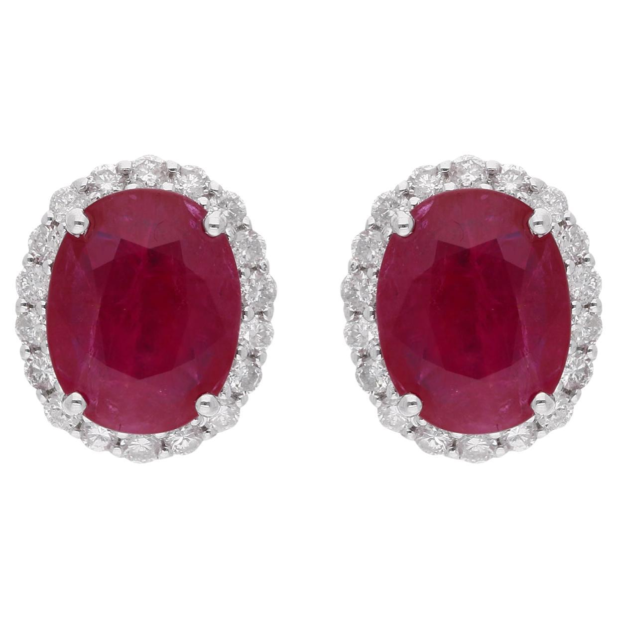 Oval Shape Ruby Gemstone Stud Earrings Diamond 14 Karat White Gold Fine Jewelry