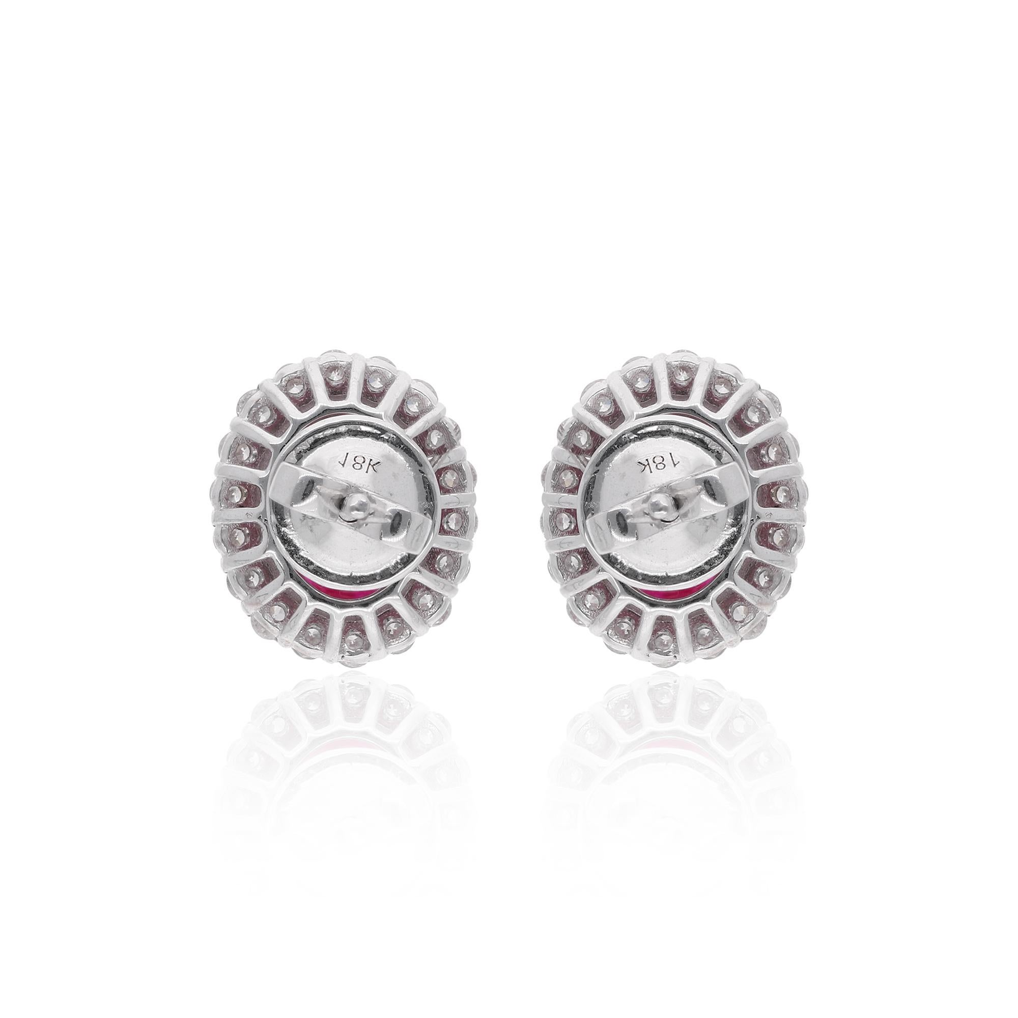 Women's Oval Shape Ruby Gemstone Stud Earrings Diamond 18 Karat White Gold Fine Jewelry For Sale