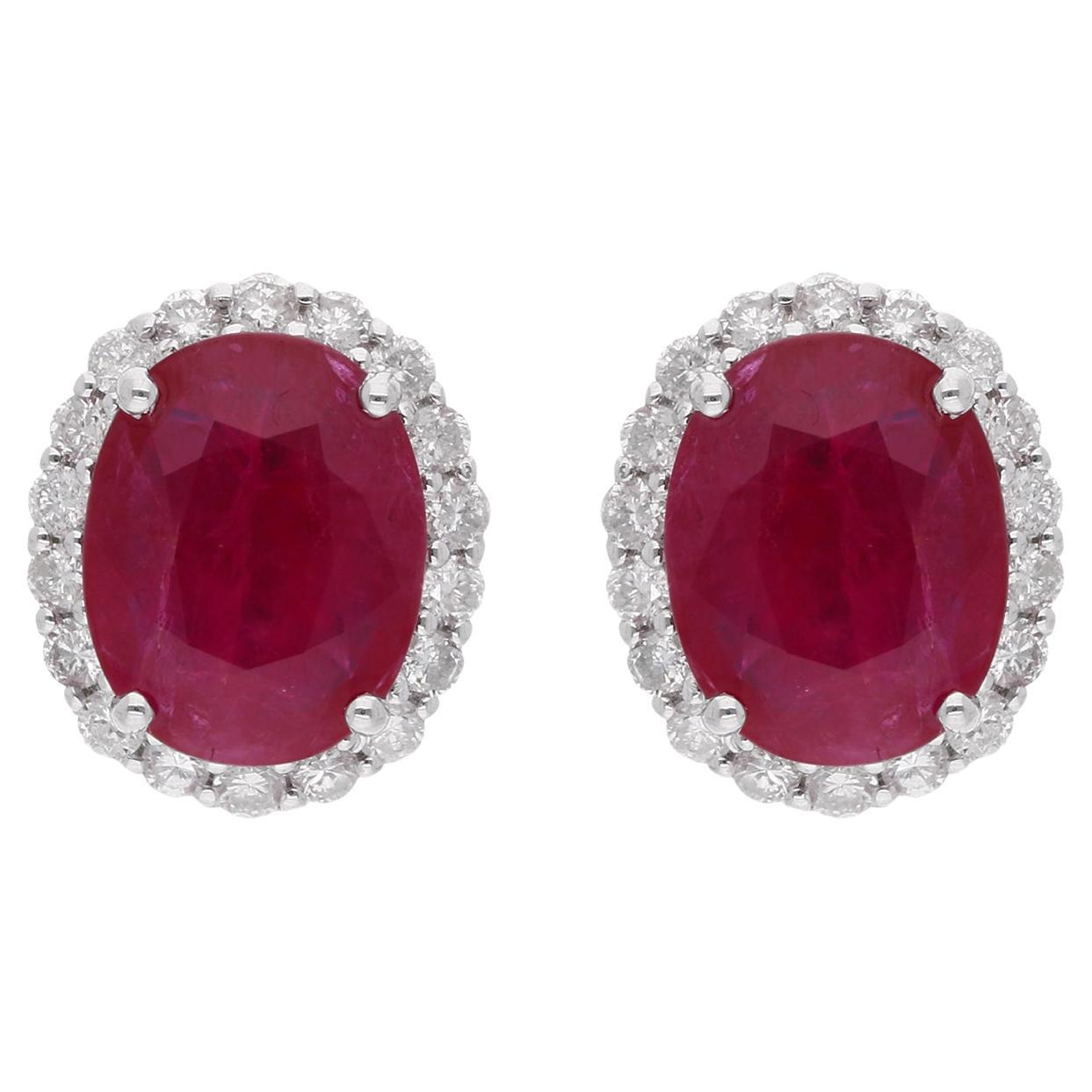 Oval Shape Ruby Gemstone Stud Earrings Diamond 18 Karat White Gold Fine Jewelry