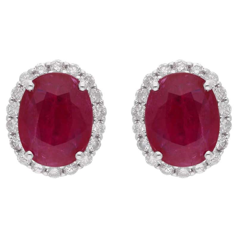 Ruby Disk Earring Oval Ruby Gemstone Stud Earrings Diamond 18 Karat White Gold Handmade ...