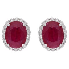 Oval Shape Ruby Gemstone Stud Earrings Diamond 18 Karat White Gold Fine Jewelry