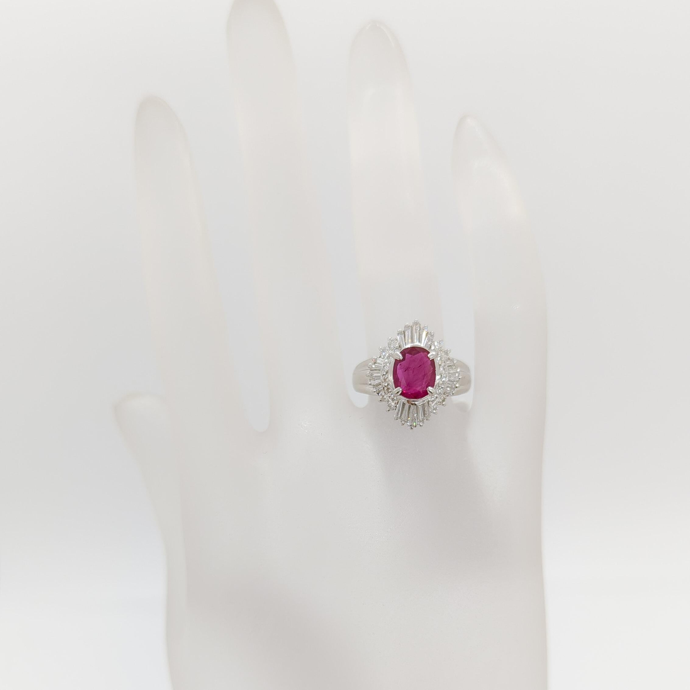 Oval Cut Oval Shape Ruby with Baguette & Round Diamond Ring in Platinum For Sale