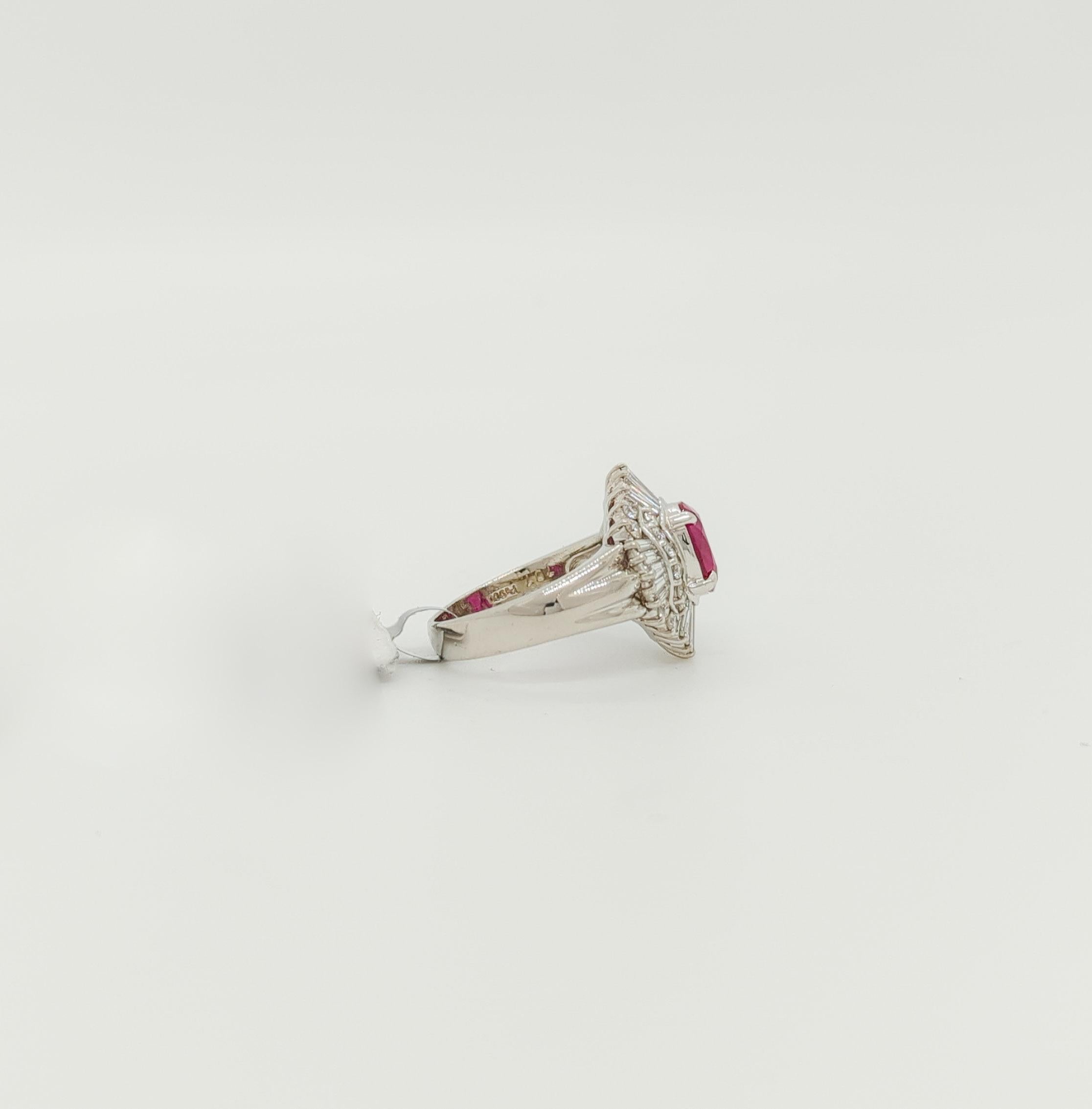Oval Shape Ruby with Baguette & Round Diamond Ring in Platinum In New Condition For Sale In Los Angeles, CA