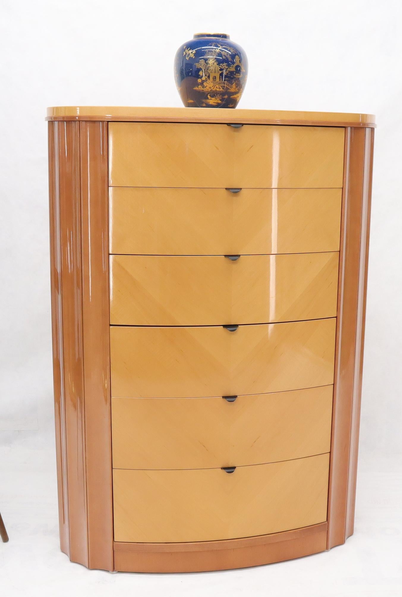 Mid-Century Modern Oval Shape Scallop Sides Inlaid Top 6 Drawers High Chest Dresser