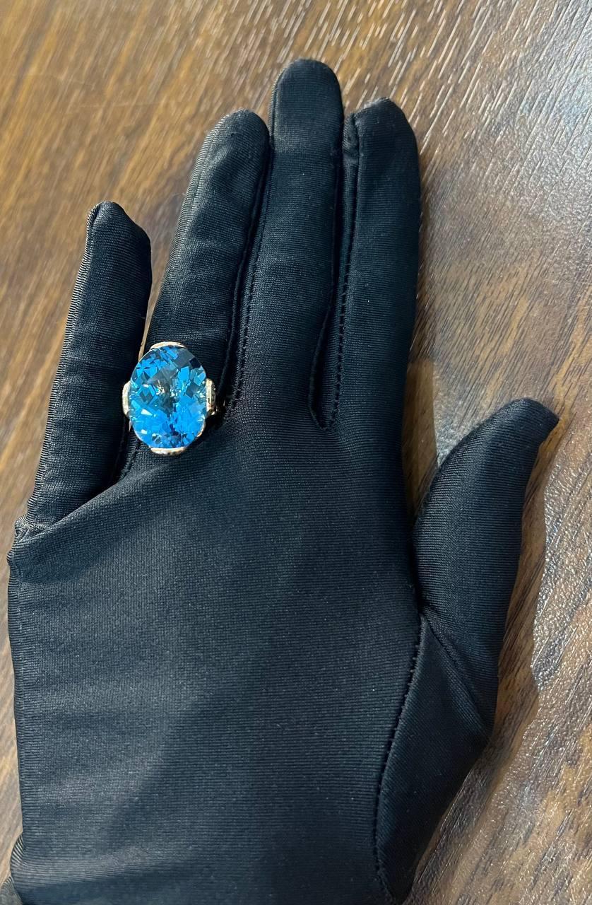 Oval Shape Swiss Blue Topaz 14K Rose Gold Champagne Halo Cocktail Ring For Sale 4