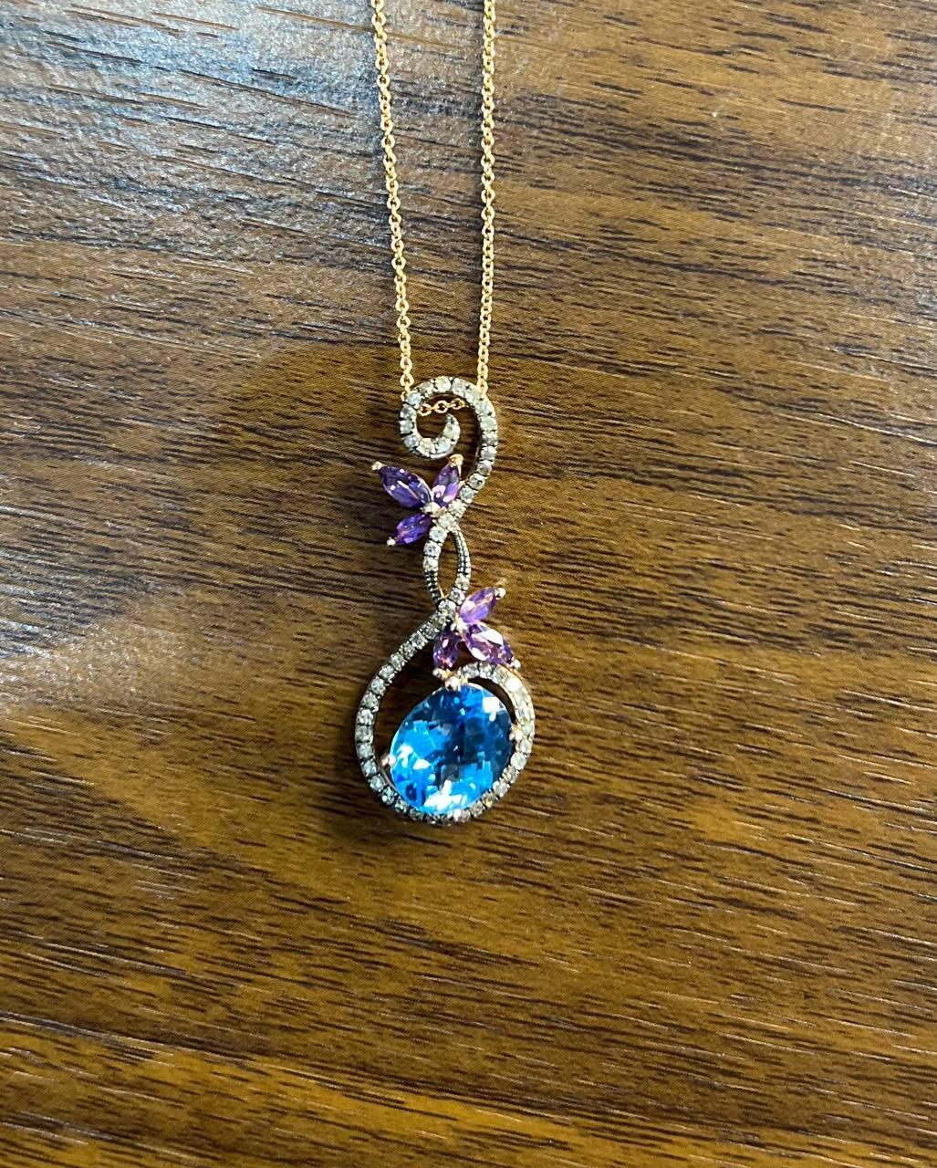 Women's Oval Shape Swiss Blue Topaz Amethysts Floral Flower Rose Gold Diamond Earrings For Sale