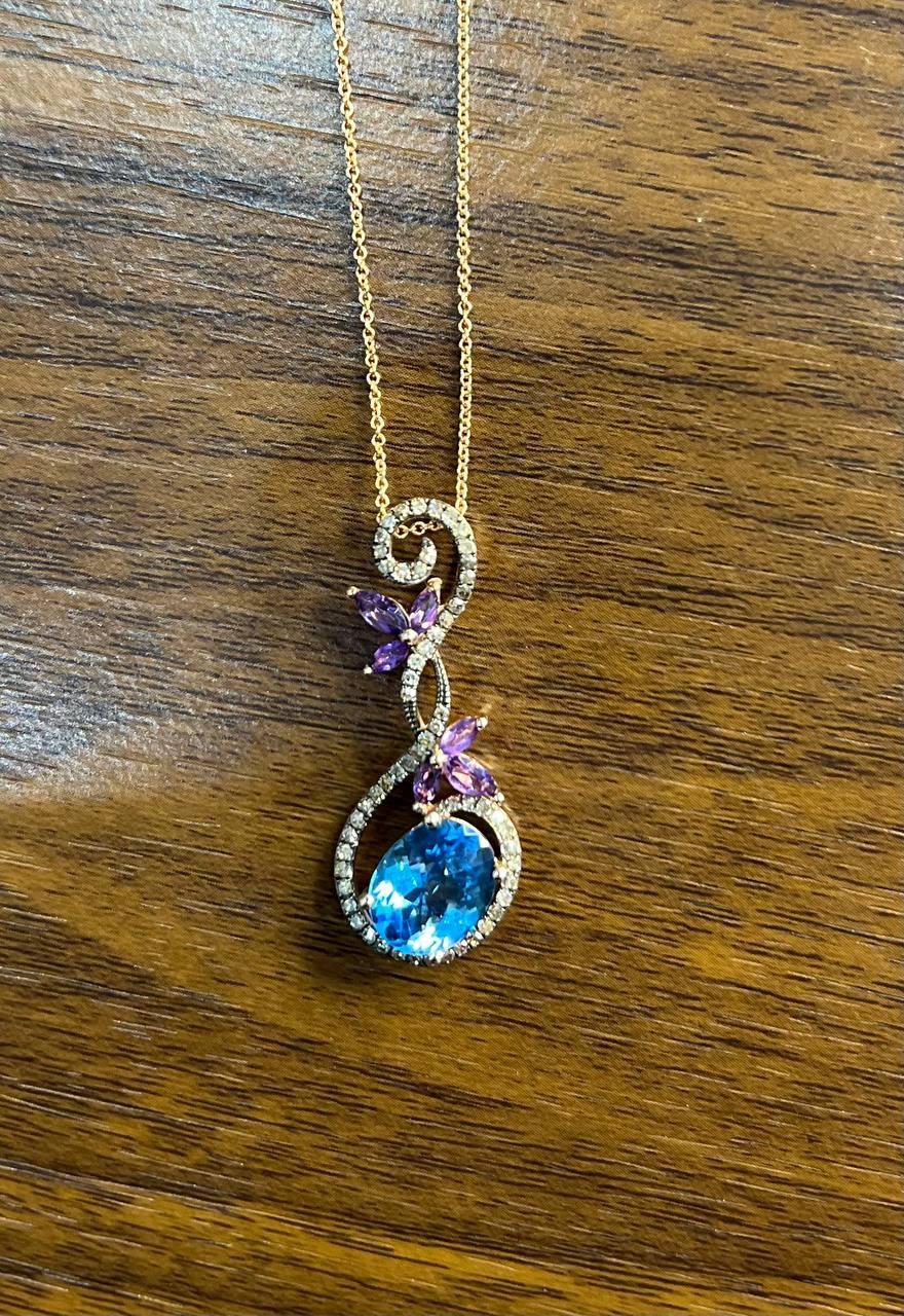 Oval Shape Swiss Blue Topaz Amethysts Floral Flower Rose Gold Diamond Earrings For Sale 3