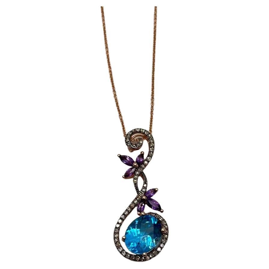 Oval Shape Swiss Blue Topaz Amethysts Floral Flower Rose Gold Diamond Earrings For Sale
