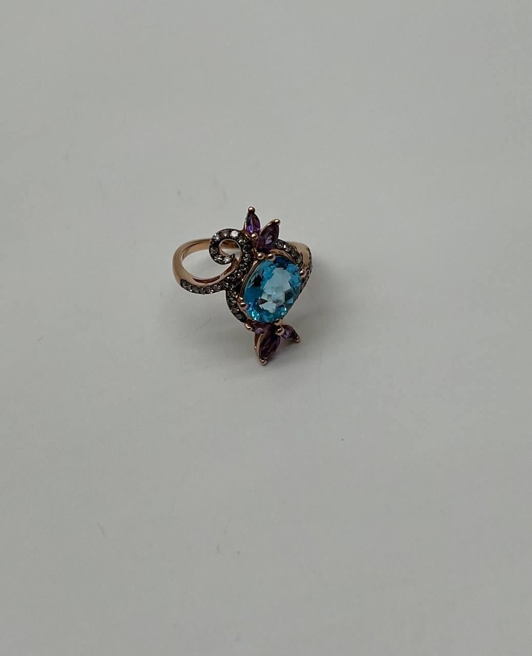 Oval Cut Oval Shape Swiss Blue Topaz Floral Flower Amethyst 14K Rose Gold Diamonds Ring For Sale