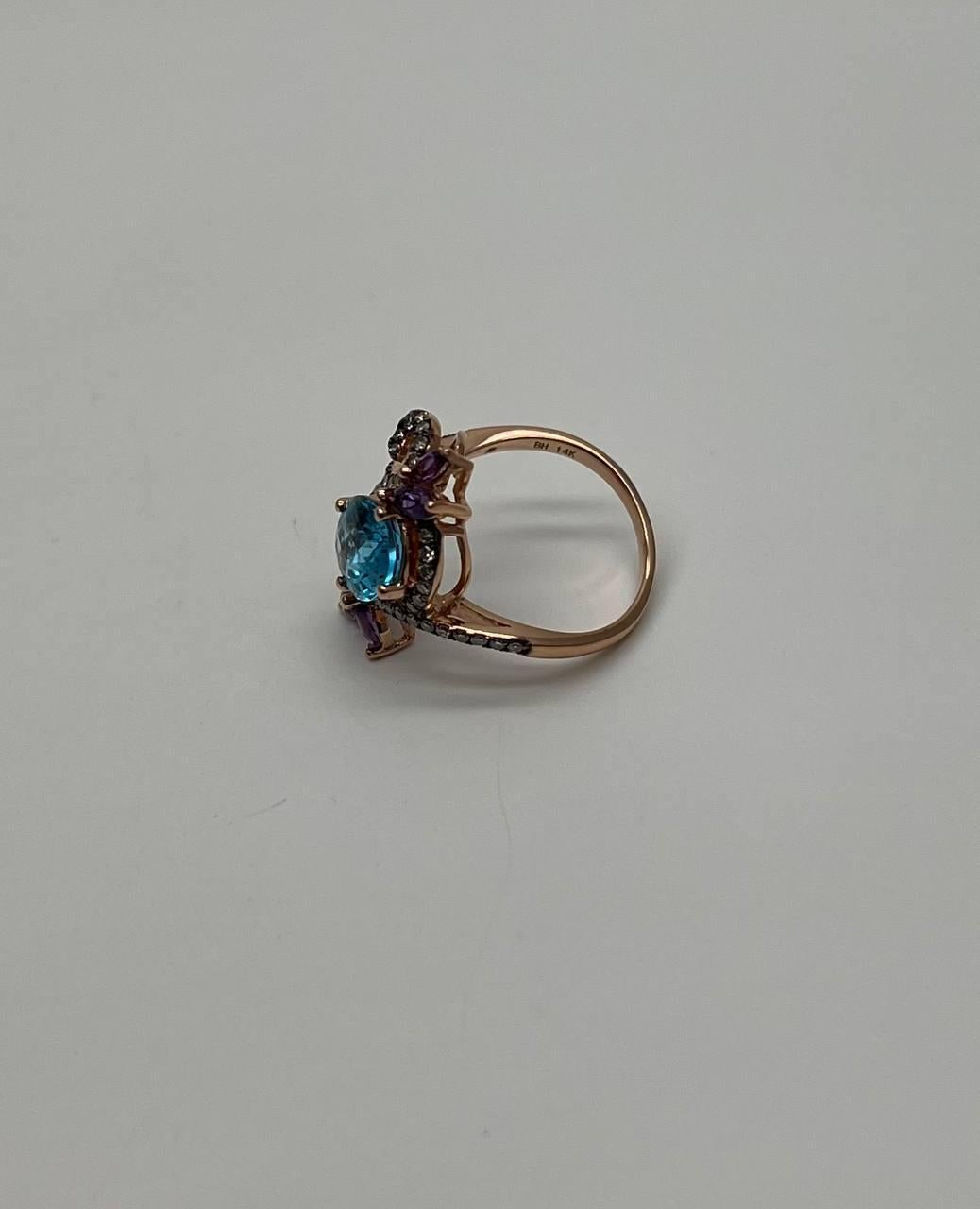 Oval Shape Swiss Blue Topaz Floral Flower Amethyst 14K Rose Gold Diamonds Ring In New Condition For Sale In Oakton, VA
