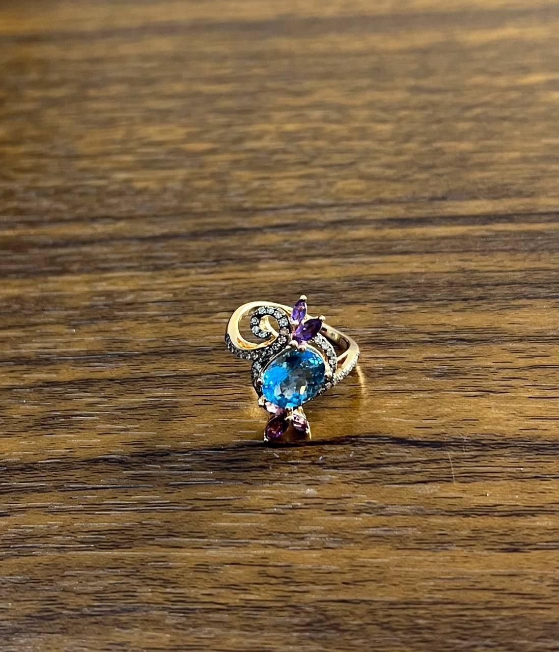 Women's Oval Shape Swiss Blue Topaz Floral Flower Amethyst 14K Rose Gold Diamonds Ring For Sale