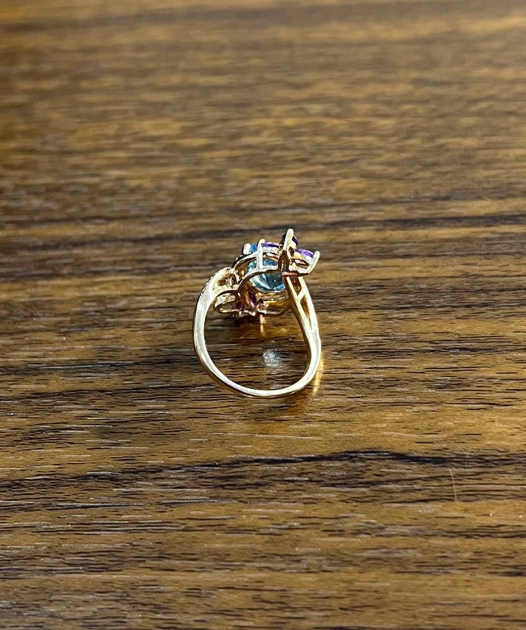 Oval Shape Swiss Blue Topaz Floral Flower Amethyst 14K Rose Gold Diamonds Ring For Sale 3