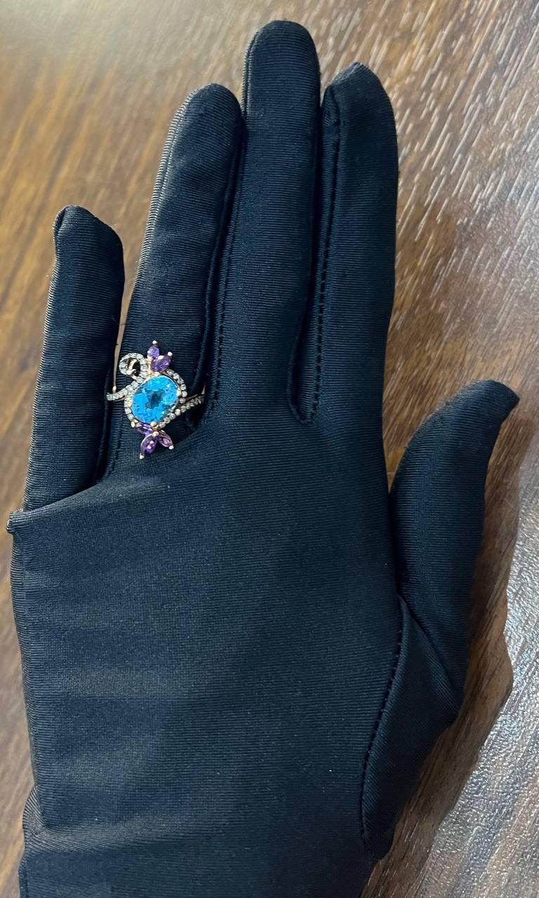 Oval Shape Swiss Blue Topaz Floral Flower Amethyst 14K Rose Gold Diamonds Ring For Sale 4