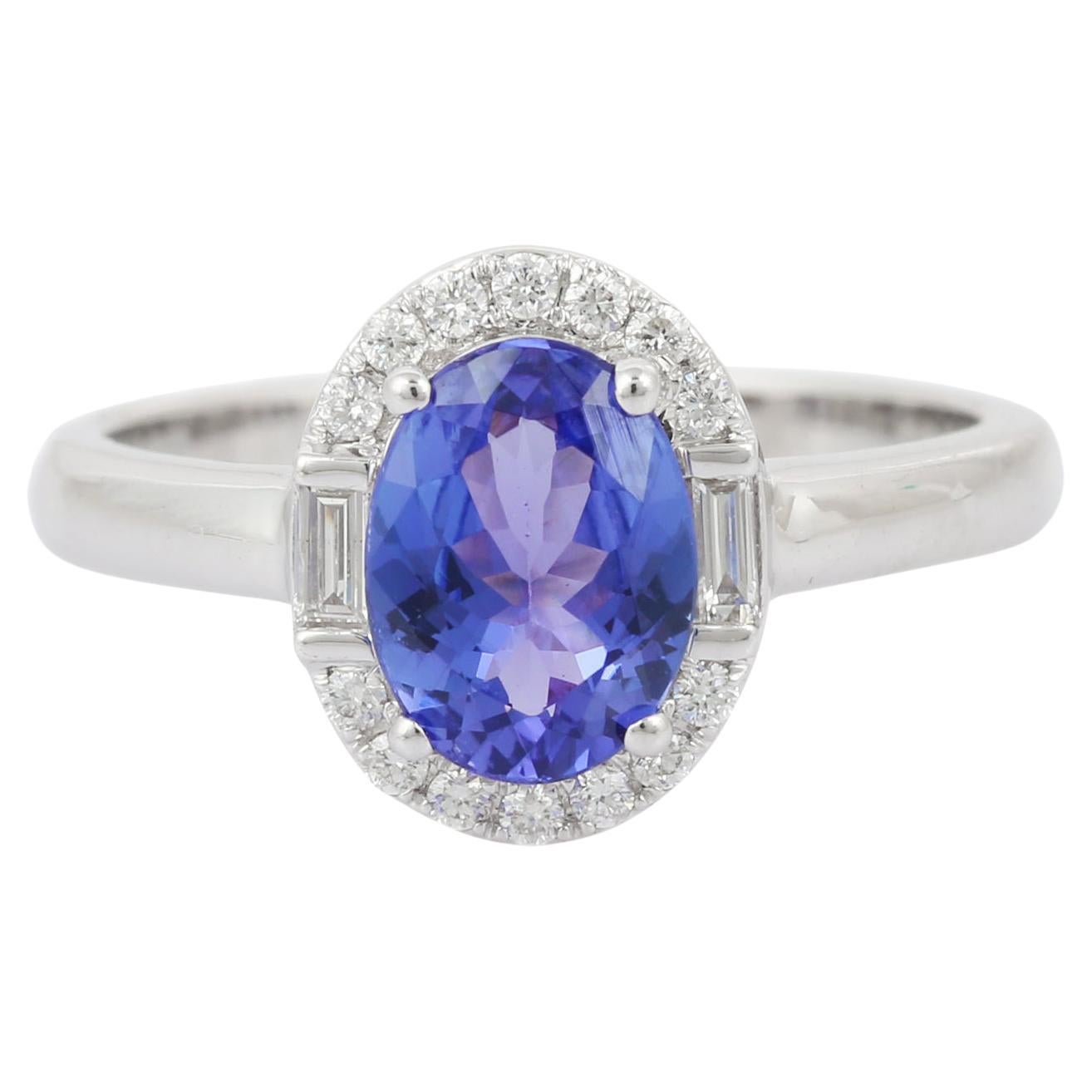 For Sale:  Oval Shape Tanzanite and Diamond Wedding Ring in 18k Solid White Gold