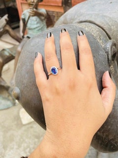 Oval Shape Tanzanite Halo Diamond Engagement Ring in 18k Solid White Gold