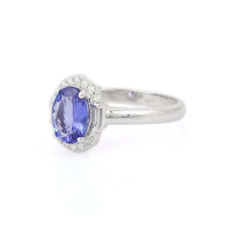 For Sale:  Oval Shape Tanzanite Halo Diamond Engagement Ring in 18k Solid White Gold 7