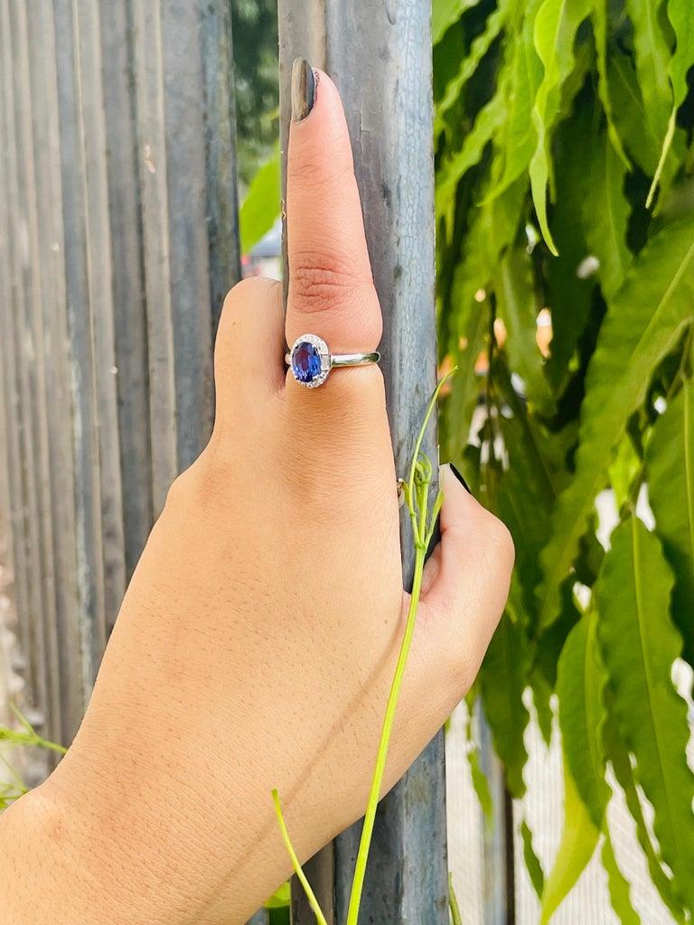 For Sale:  Oval Shape Tanzanite Halo Diamond Engagement Ring in 18k Solid White Gold 8