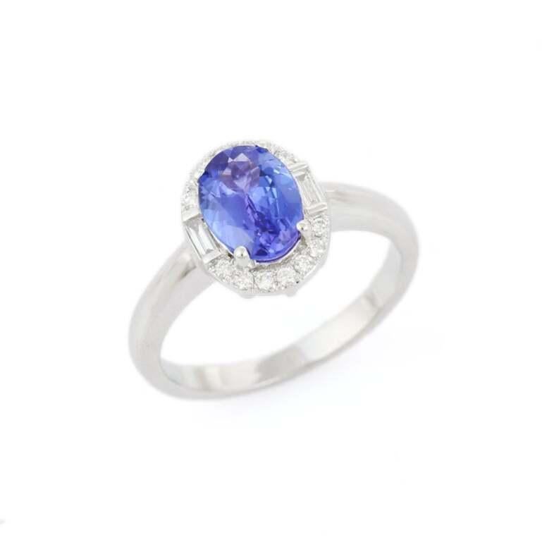 For Sale:  Oval Shape Tanzanite Halo Diamond Engagement Ring in 18k Solid White Gold 9